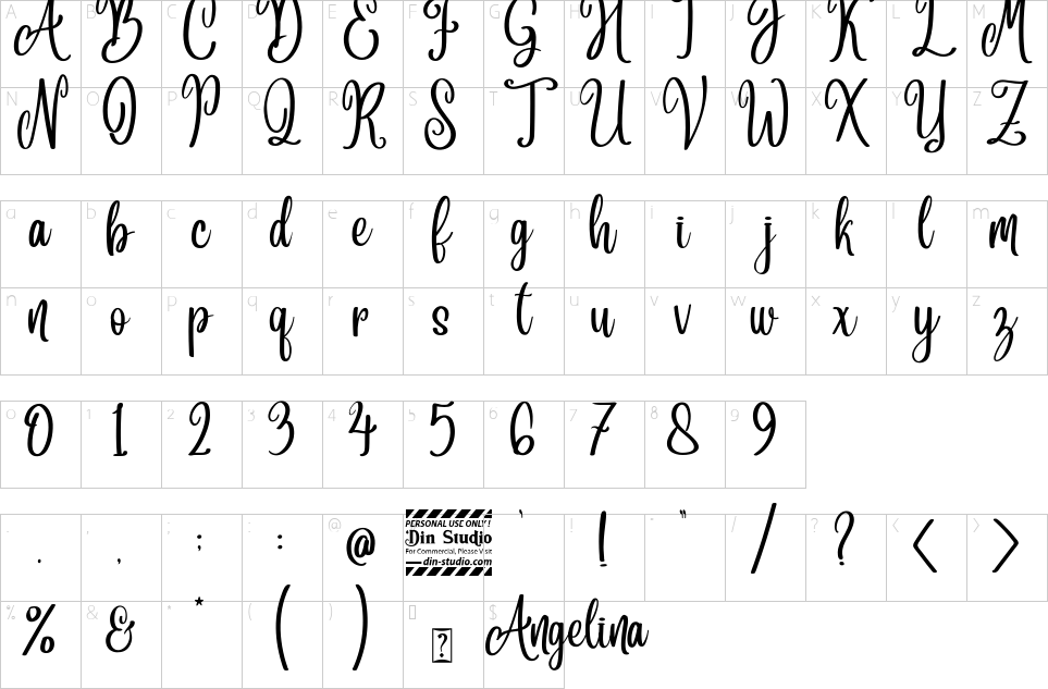 Character map of Angelina Font