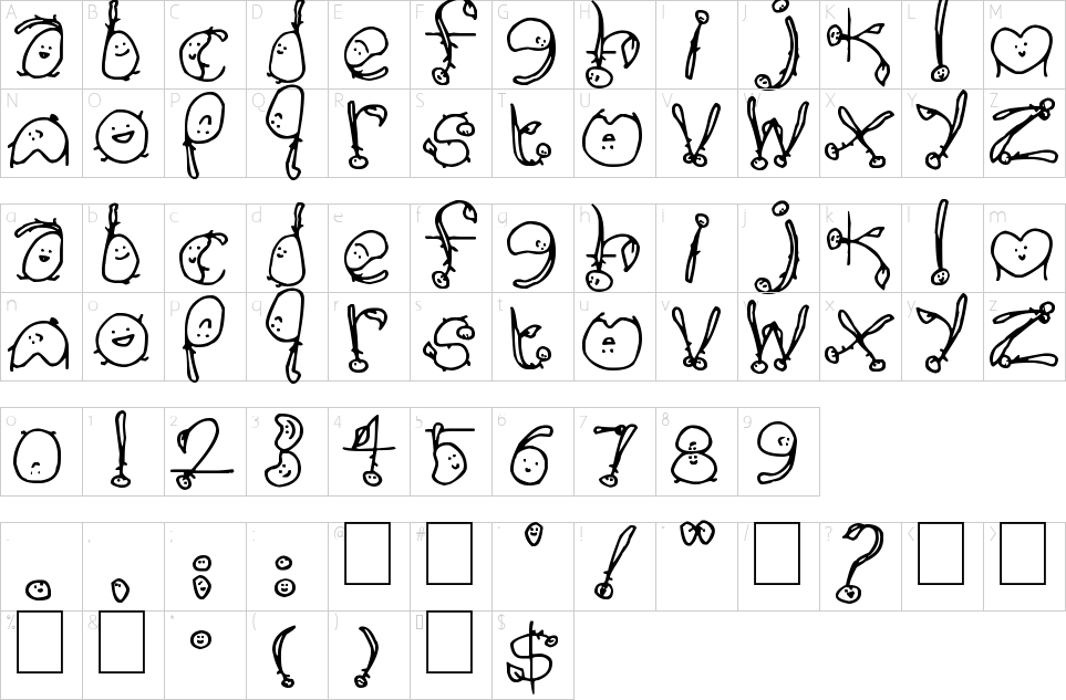 Character map of Happy Potatoes Font