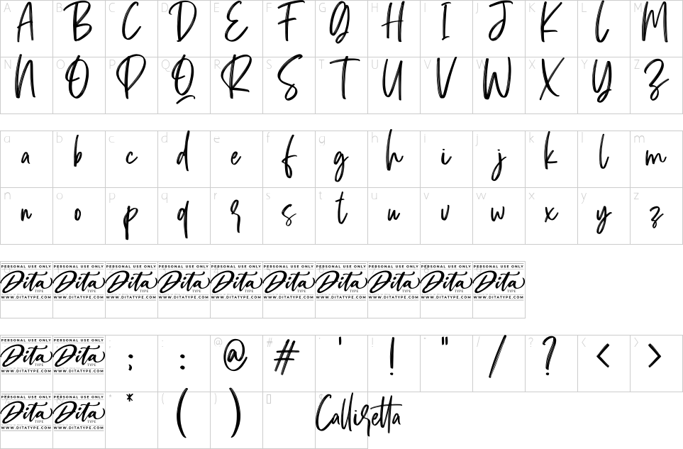 Character map of Calliretta Font