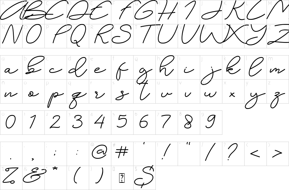 Character map of Angelista Font