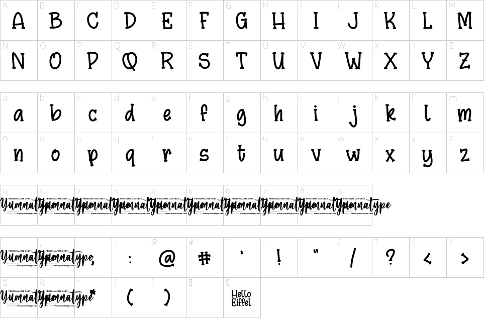 Character map of Hello Eiffel Font
