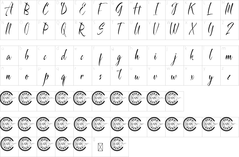 Character map of Rainstakers Font