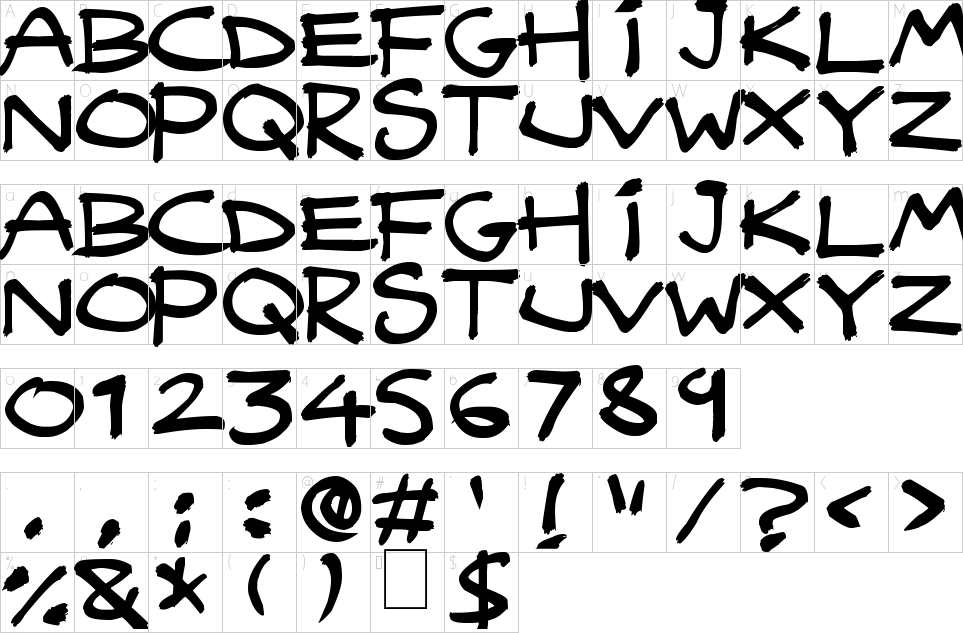 Character map of Quicky Brush Font
