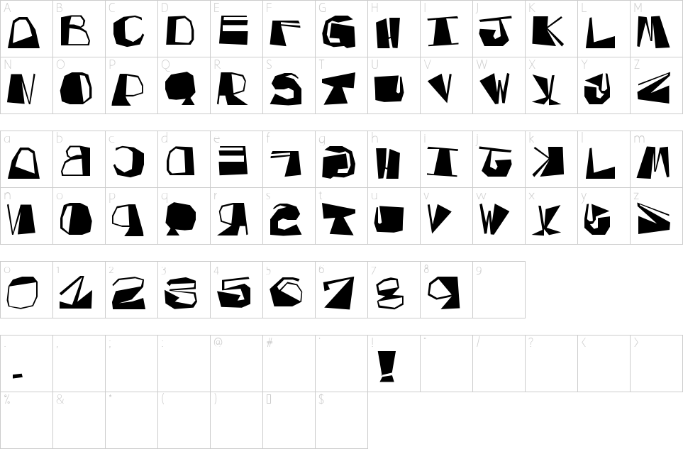 Character map of Inversed Script Font