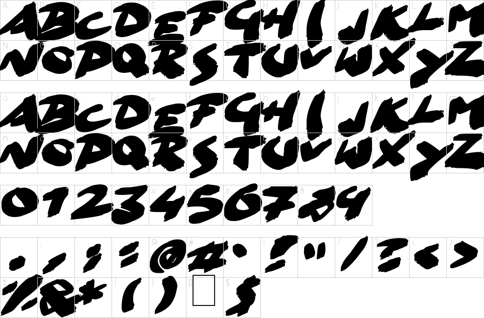 Character map of Go Faster Brush Font