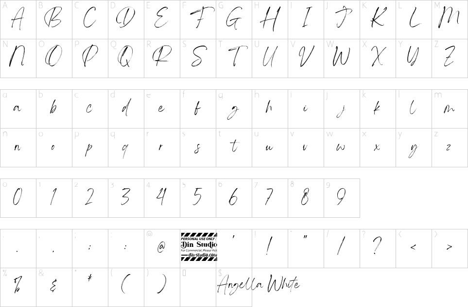 Character map of Angella White Font