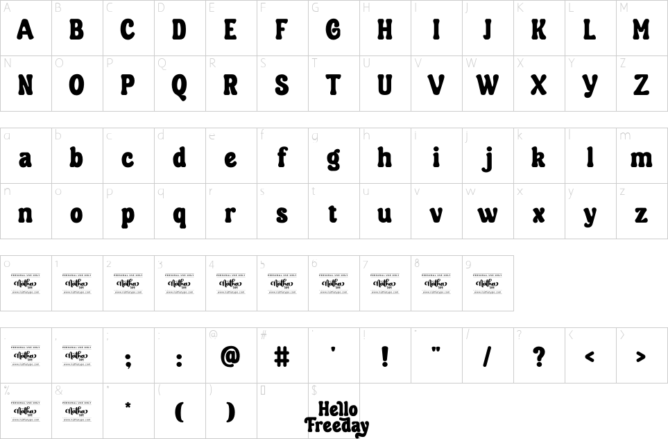 Character map of Hello Freeday Font