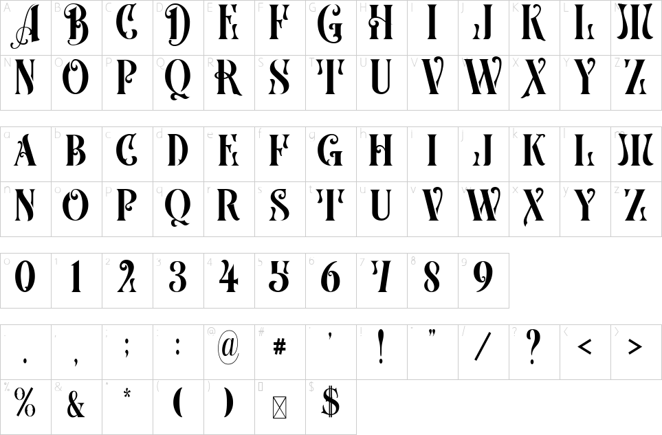 Character map of Albrega Changes Font