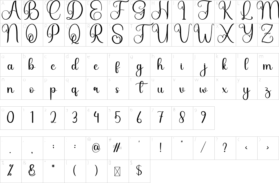 Character map of Angelina Font