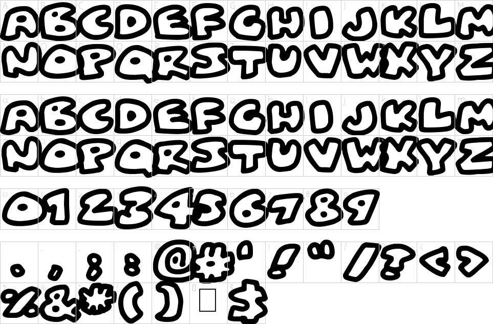 Character map of Fat Wobble Outlines Font