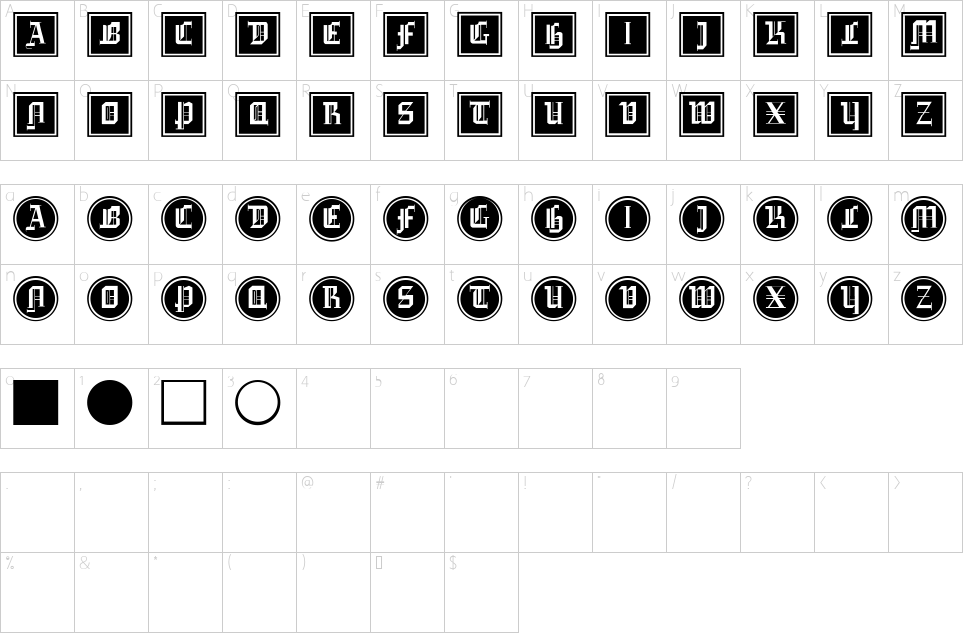 Character map of Gotika Buttons Font