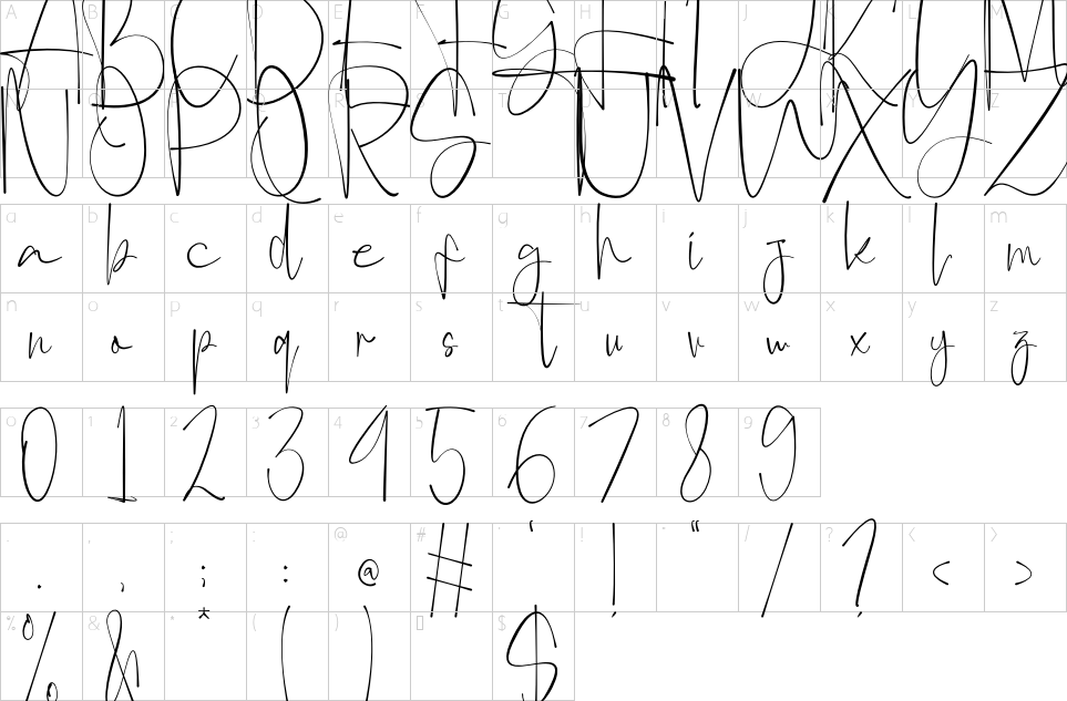 Character map of Anjany Sallentiny Font