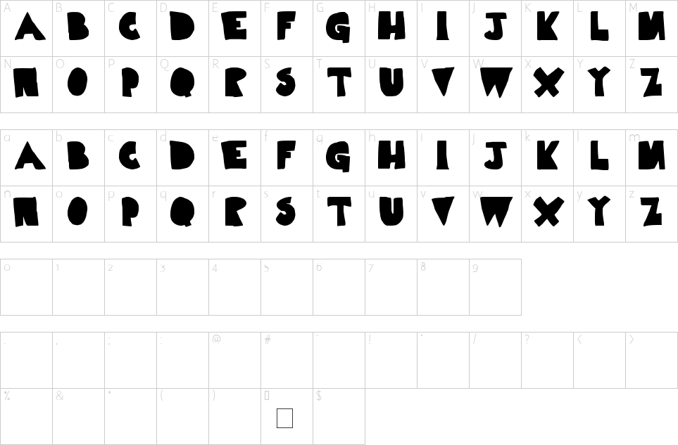 Character map of Limp Noodle Font