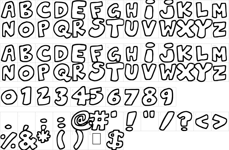 Character map of Jelly Wobblers Font