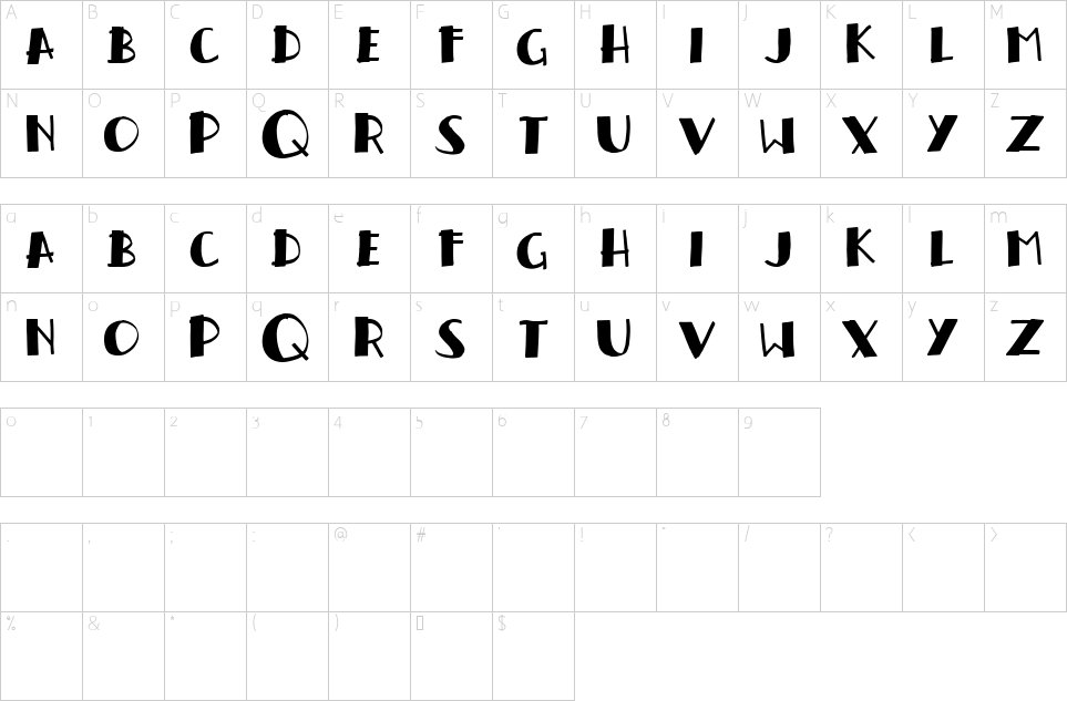Character map of Hand Relief Font