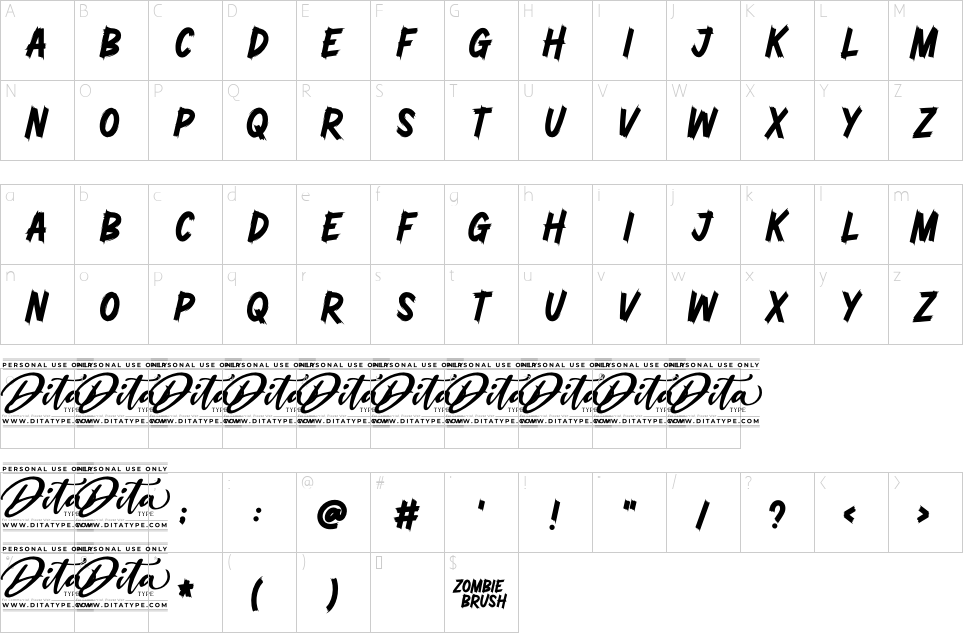 Character map of Zombie Brush Font