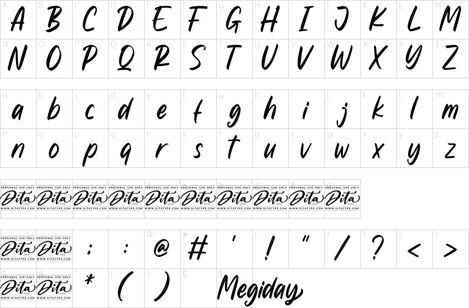 Character map of Megiday Font