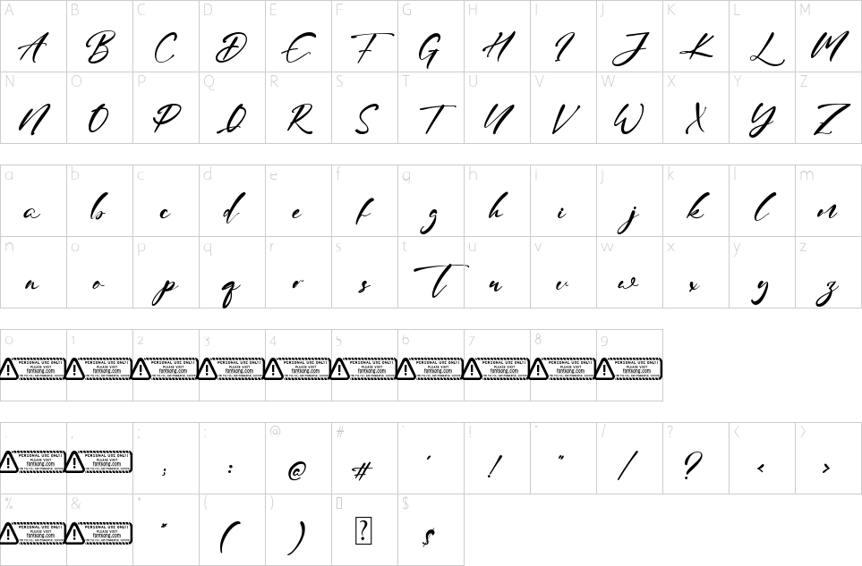 Character map of Julian Daniel Font