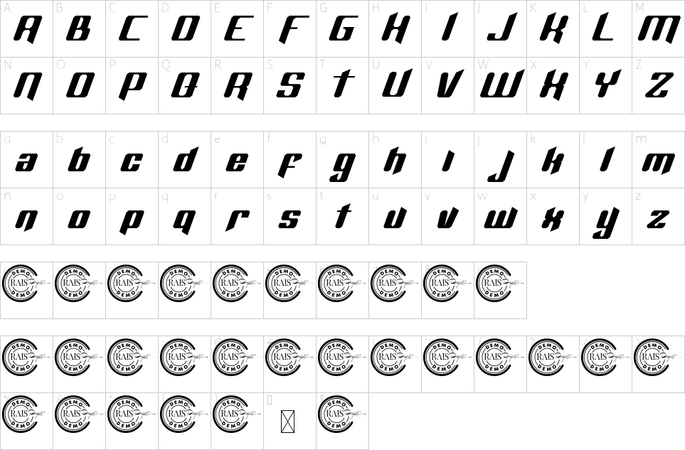 Character map of Overtake Font