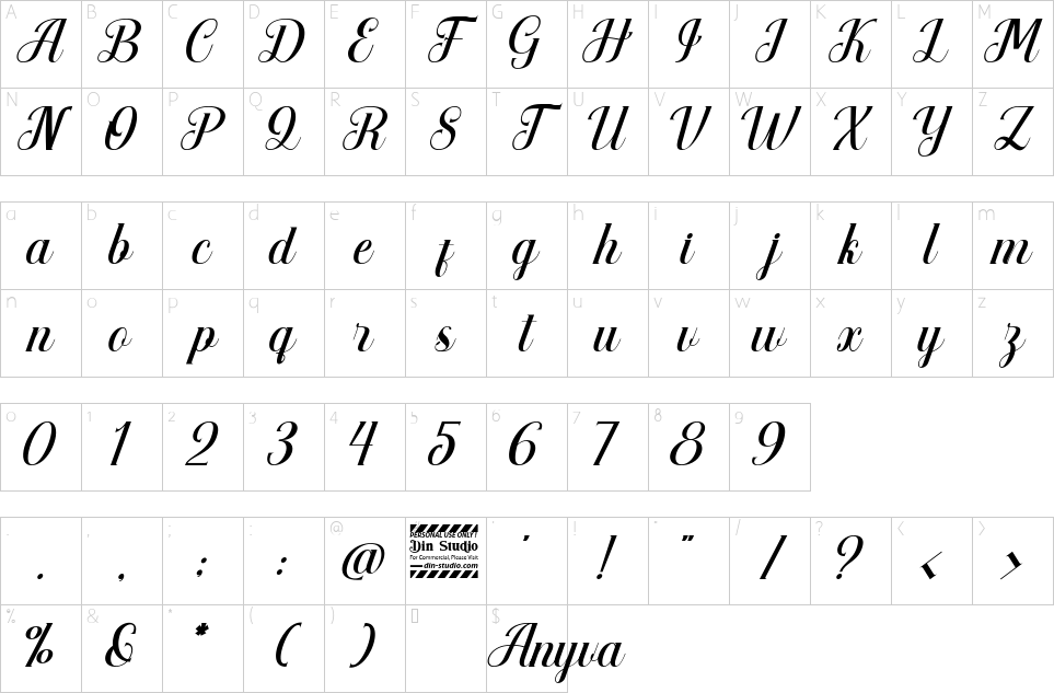 Character map of Anyva Font