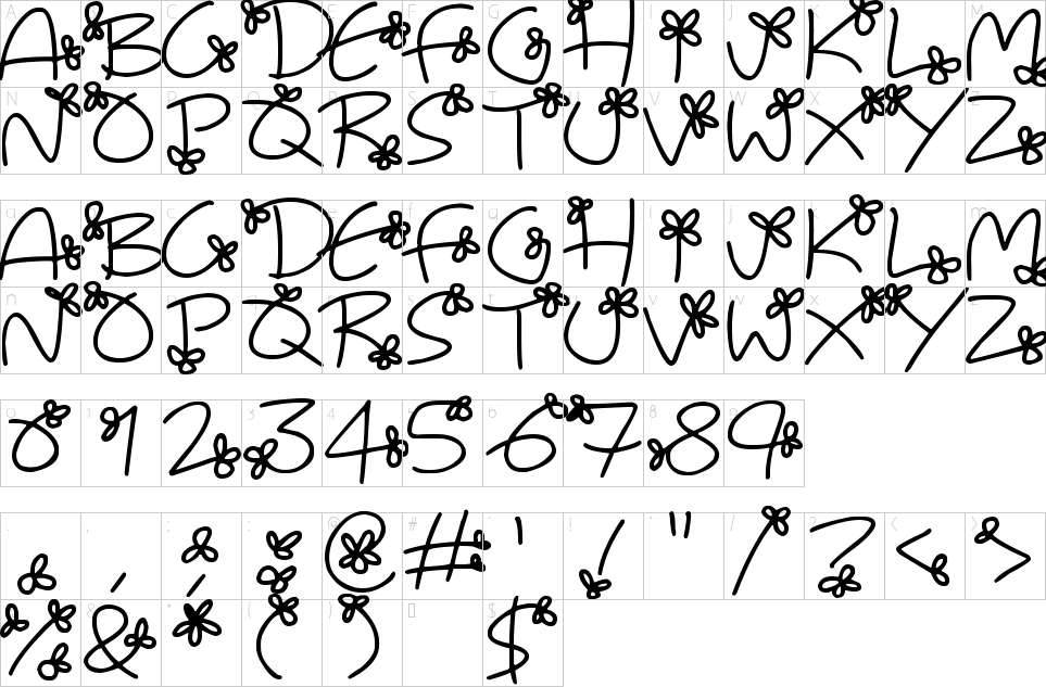 Character map of Flowing Flowers Font