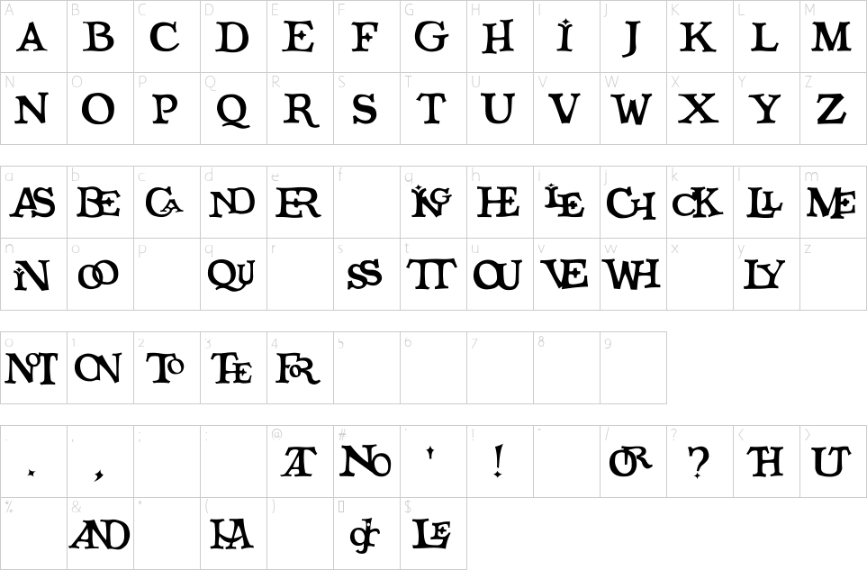Character map of Quick Type Font