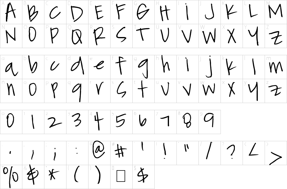 Character map of Chicken Scratch Font