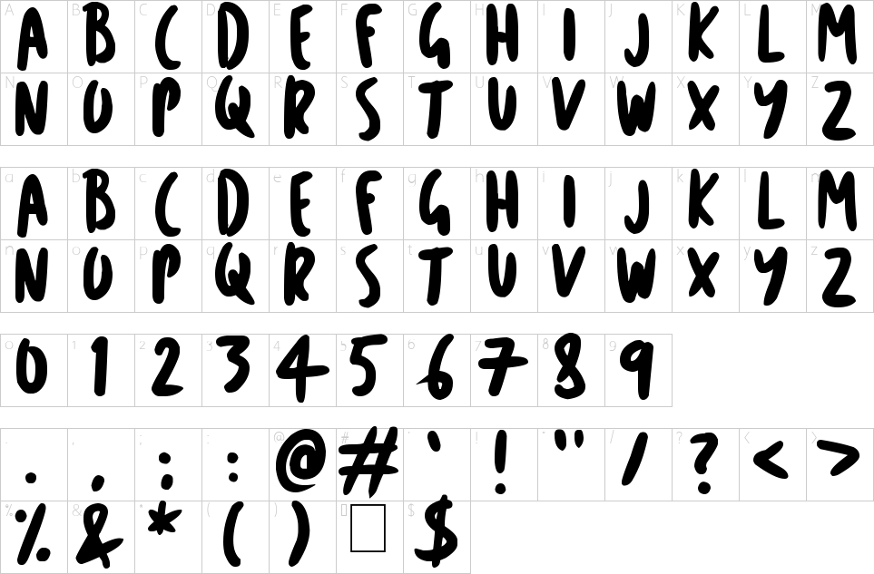 Character map of Cartoon Marker Font
