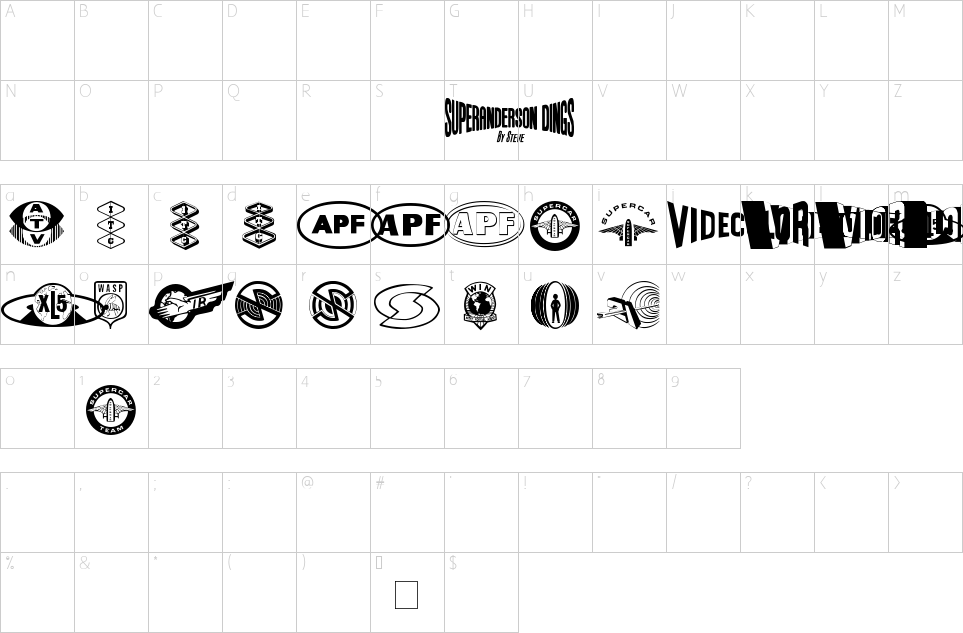 Character map of Anderson Dings 1 Font