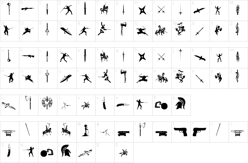 Character map of Gods Of War Font