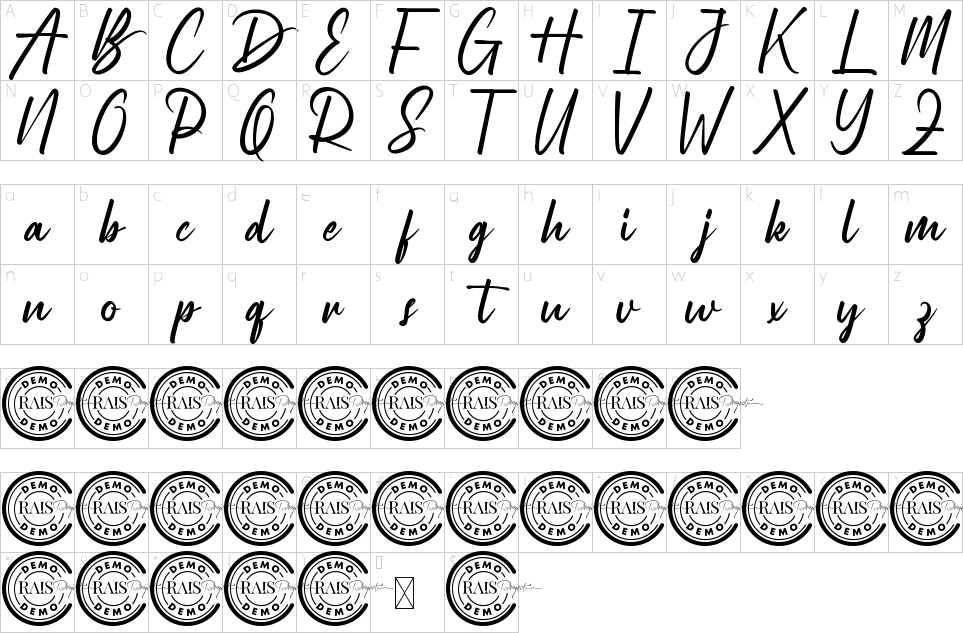 Character map of Perfect Bright Font