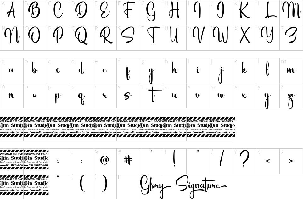 Character map of Glory Signature Font