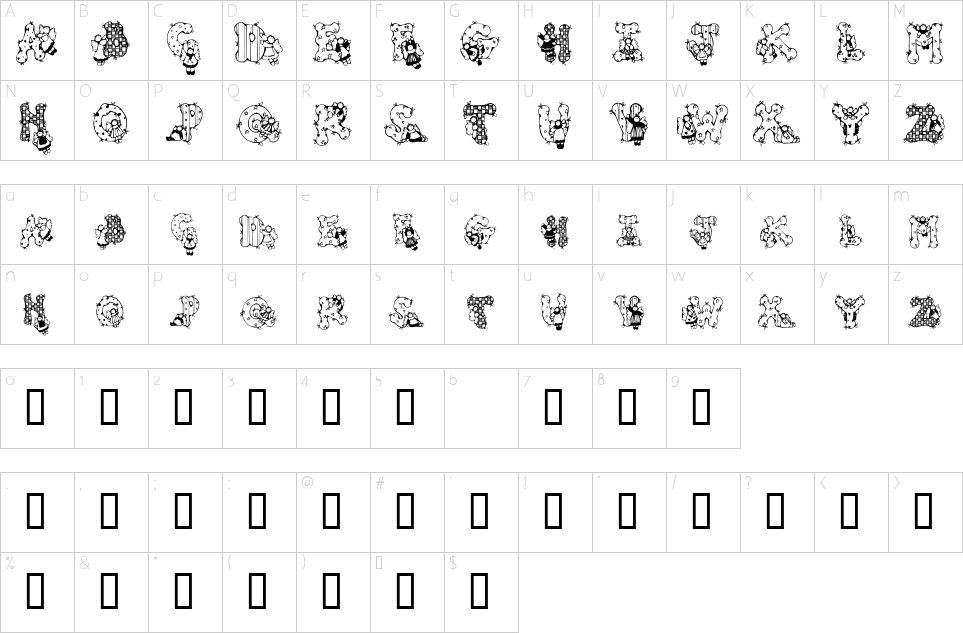 Character map of Patchwork Angel Font
