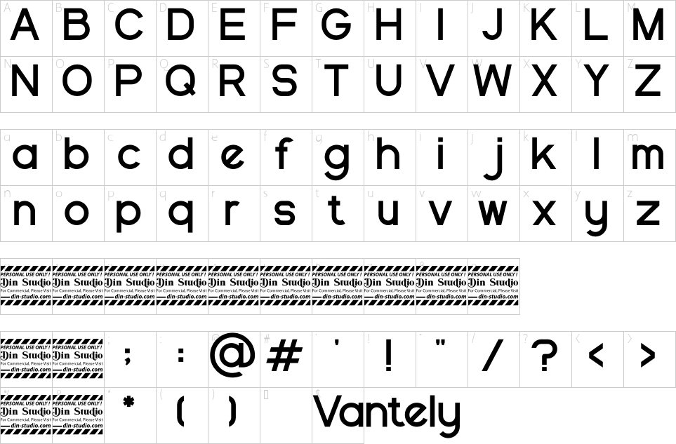 Character map of Vantely Font