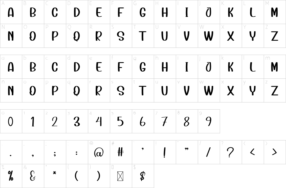 Character map of BabyLover Font