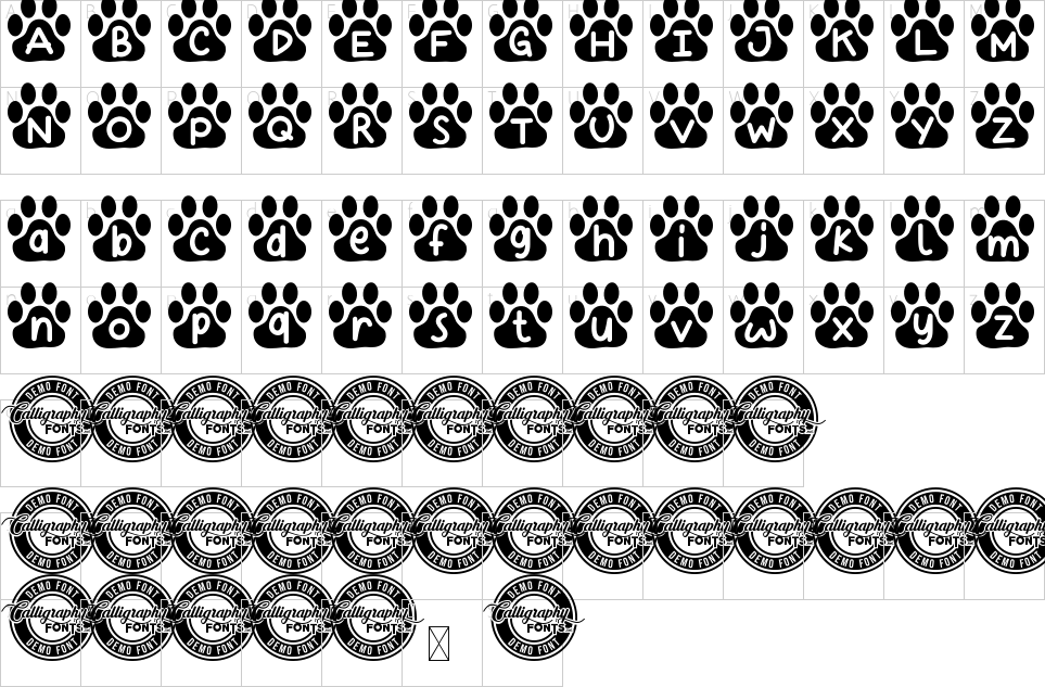 Character map of Kitty Paw Font