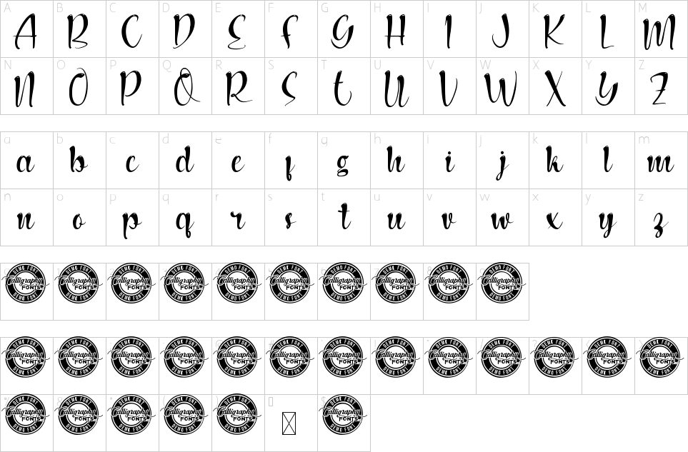 Character map of Glowing Skin Font