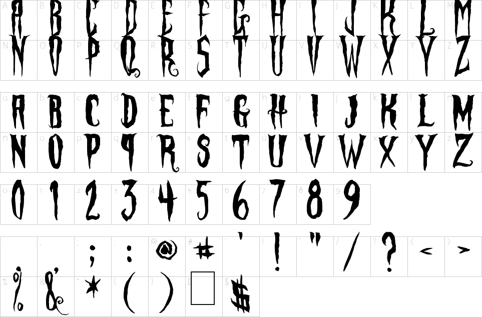 Character map of Phantom Fingers Font