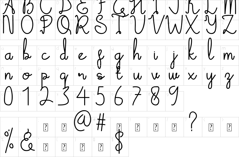 Character map of Emalia Handwriting Font