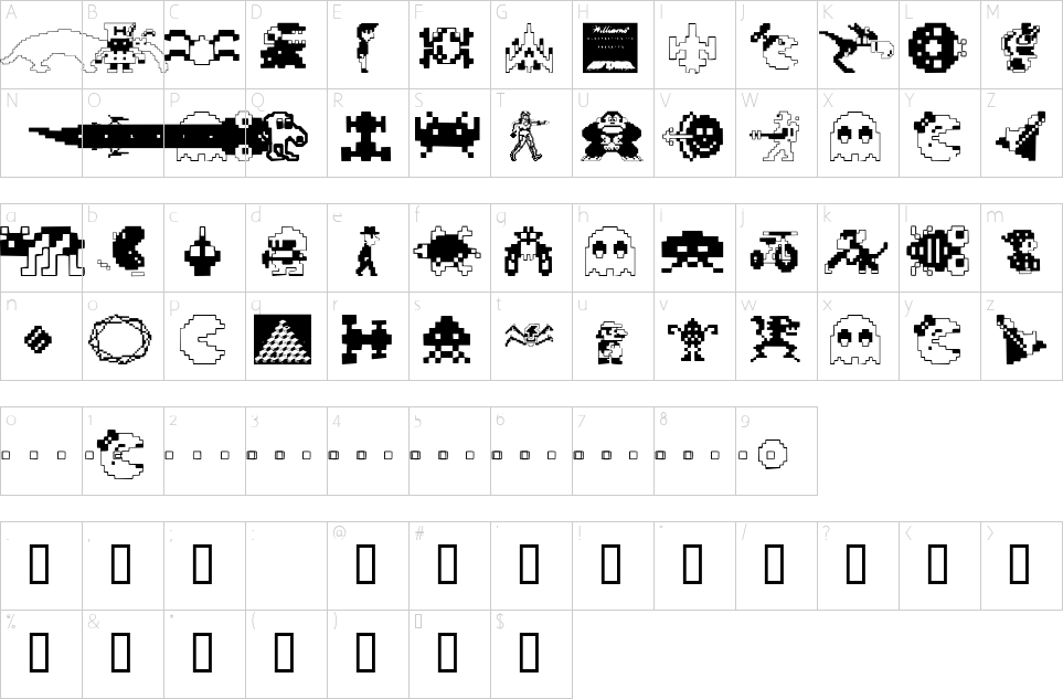 Character map of Arcade Font
