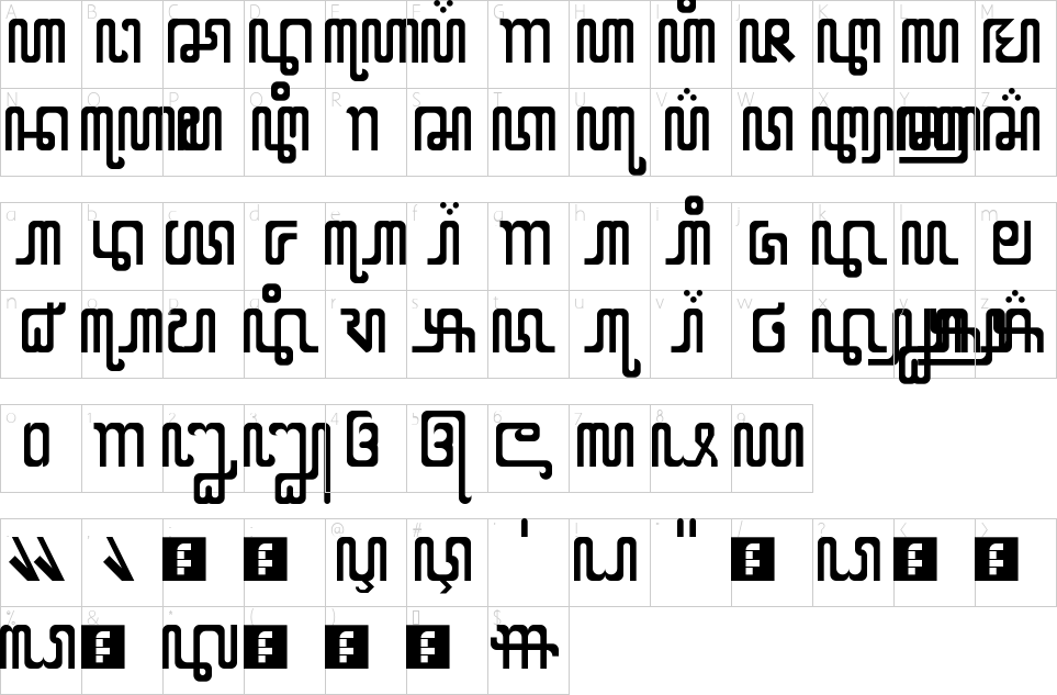 Character map of X Code From East Font
