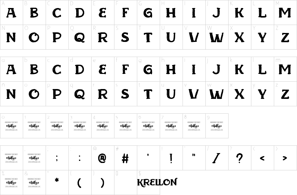 Character map of Krellon Font