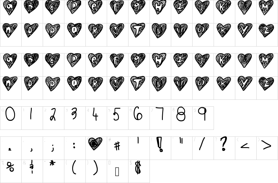 Character map of Over Hearts Font