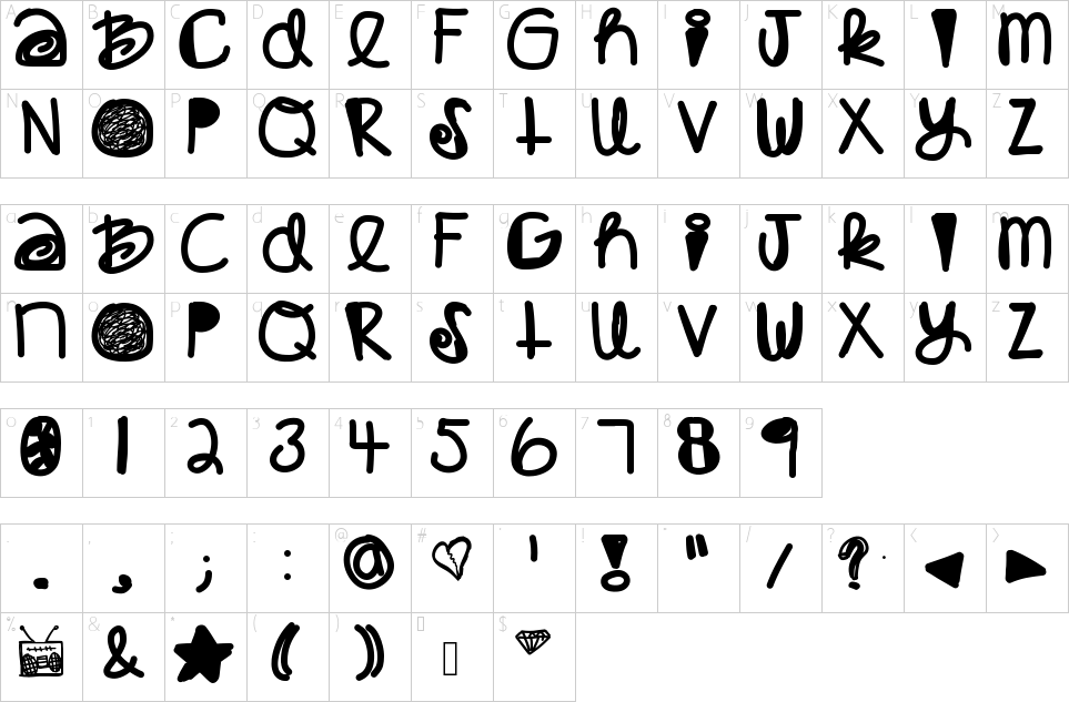 Character map of Babaganoosh Font