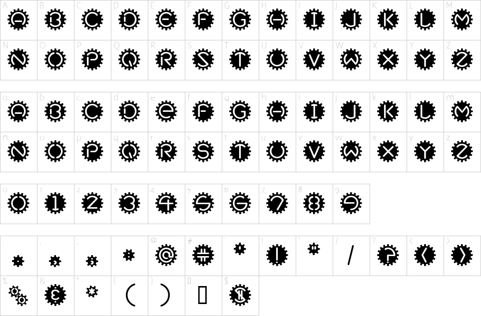 Character map of Gear Box Font
