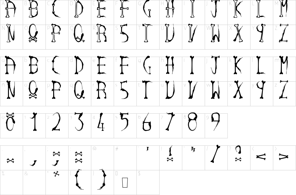 Character map of Ink And Bones Font