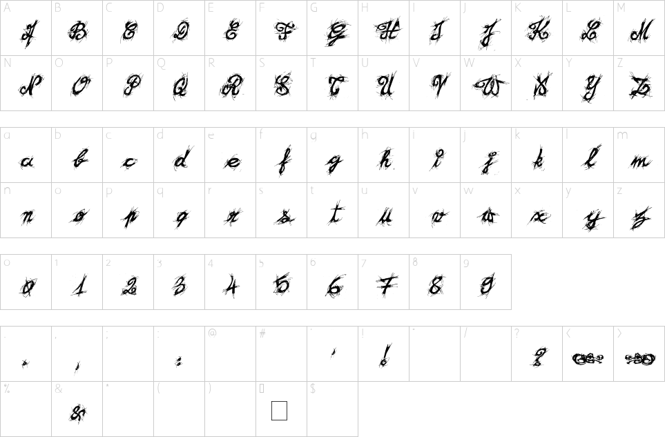 Character map of El&Font! Brush Font