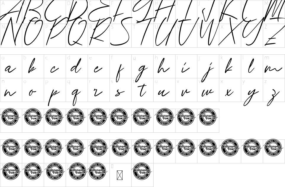 Character map of Danella Jasmine Font