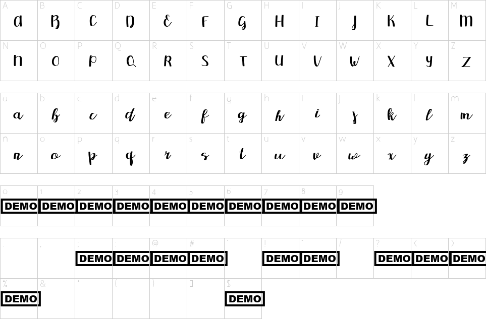 Character map of Redbus Font