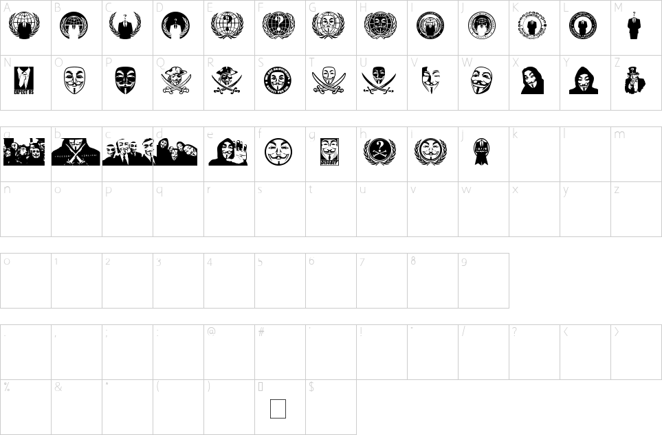 Character map of Anonbats Font